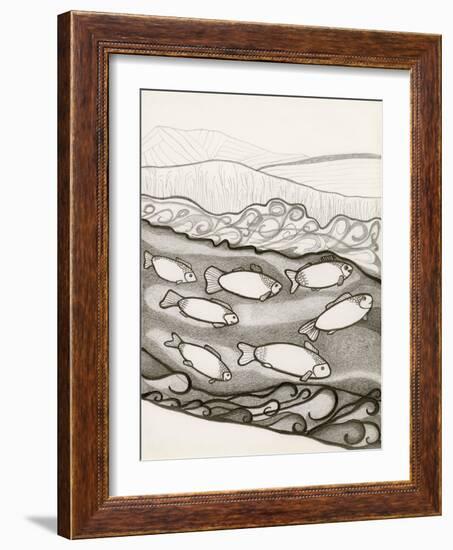 Black and White Drawing of Fish Swimming in River-Marie Bertrand-Framed Giclee Print