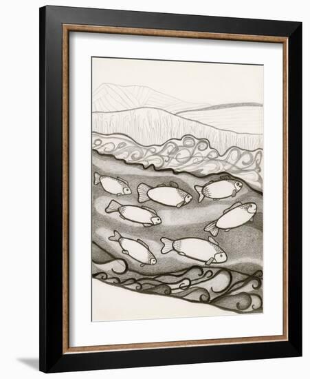 Black and White Drawing of Fish Swimming in River-Marie Bertrand-Framed Giclee Print