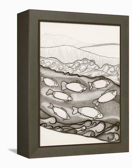 Black and White Drawing of Fish Swimming in River-Marie Bertrand-Framed Premier Image Canvas