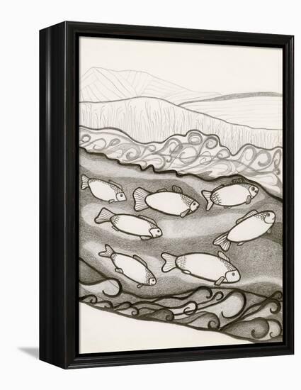 Black and White Drawing of Fish Swimming in River-Marie Bertrand-Framed Premier Image Canvas