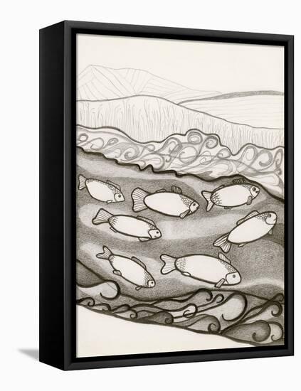 Black and White Drawing of Fish Swimming in River-Marie Bertrand-Framed Premier Image Canvas