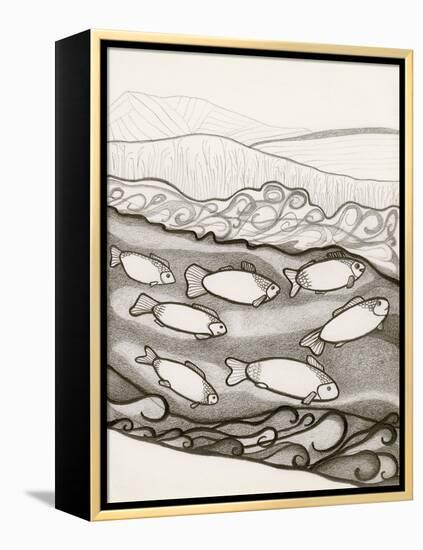 Black and White Drawing of Fish Swimming in River-Marie Bertrand-Framed Premier Image Canvas