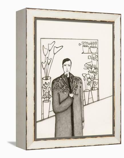 Black and White Drawing of Man Standing with Flowers in Hand-Marie Bertrand-Framed Premier Image Canvas