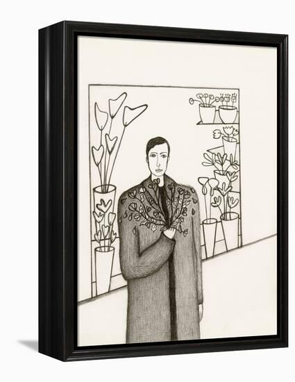 Black and White Drawing of Man Standing with Flowers in Hand-Marie Bertrand-Framed Premier Image Canvas