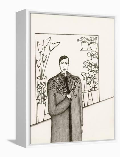 Black and White Drawing of Man Standing with Flowers in Hand-Marie Bertrand-Framed Premier Image Canvas