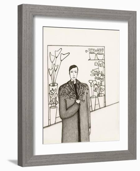 Black and White Drawing of Man Standing with Flowers in Hand-Marie Bertrand-Framed Giclee Print