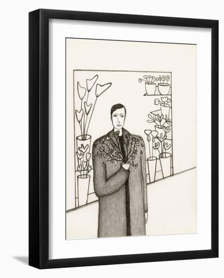 Black and White Drawing of Man Standing with Flowers in Hand-Marie Bertrand-Framed Giclee Print