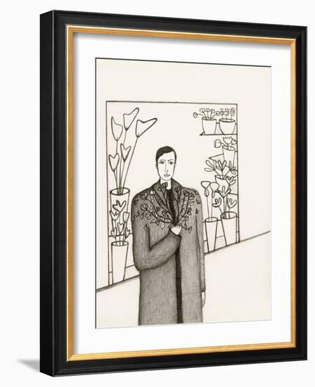 Black and White Drawing of Man Standing with Flowers in Hand-Marie Bertrand-Framed Giclee Print