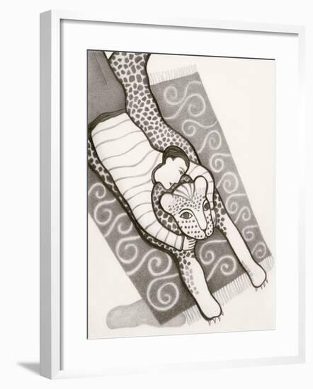 Black and White Drawing of Man with Tiger on Carpet-Marie Bertrand-Framed Giclee Print