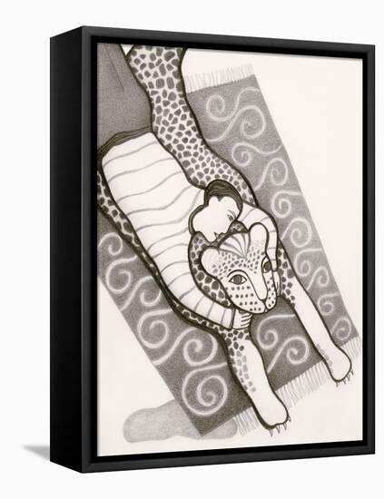 Black and White Drawing of Man with Tiger on Carpet-Marie Bertrand-Framed Premier Image Canvas