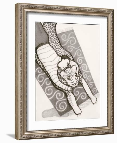 Black and White Drawing of Man with Tiger on Carpet-Marie Bertrand-Framed Giclee Print