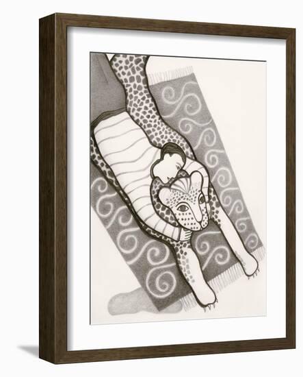 Black and White Drawing of Man with Tiger on Carpet-Marie Bertrand-Framed Giclee Print