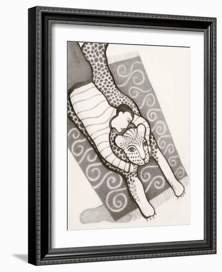 Black and White Drawing of Man with Tiger on Carpet-Marie Bertrand-Framed Giclee Print