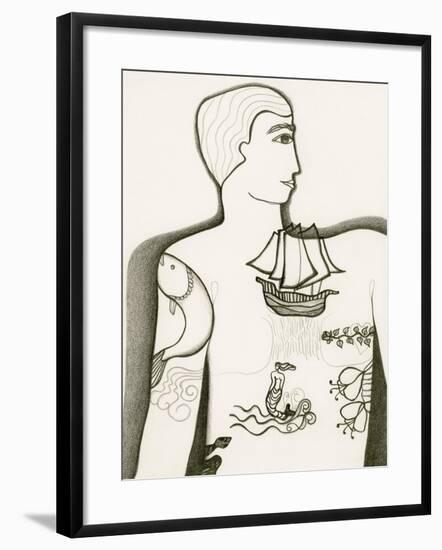 Black and White Drawing of Tattooed Man-Marie Bertrand-Framed Giclee Print