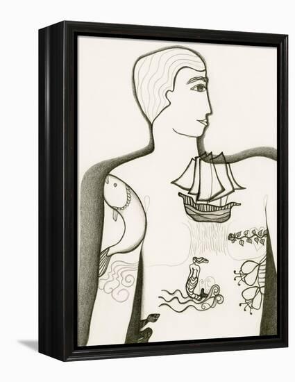 Black and White Drawing of Tattooed Man-Marie Bertrand-Framed Premier Image Canvas