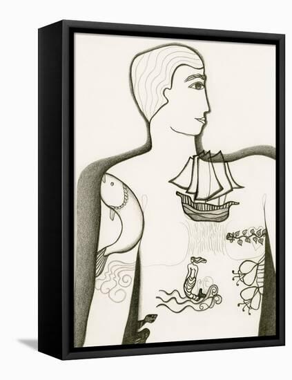 Black and White Drawing of Tattooed Man-Marie Bertrand-Framed Premier Image Canvas