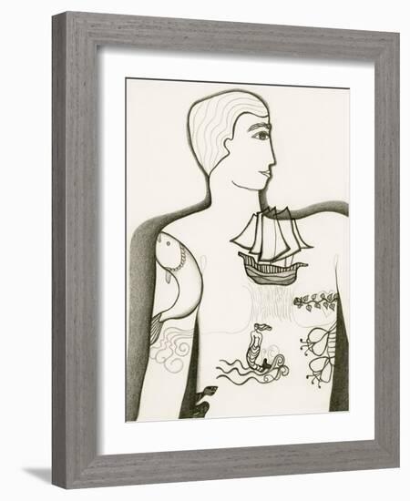 Black and White Drawing of Tattooed Man-Marie Bertrand-Framed Giclee Print