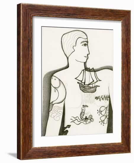 Black and White Drawing of Tattooed Man-Marie Bertrand-Framed Giclee Print