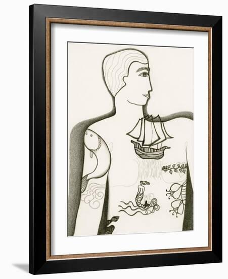 Black and White Drawing of Tattooed Man-Marie Bertrand-Framed Giclee Print