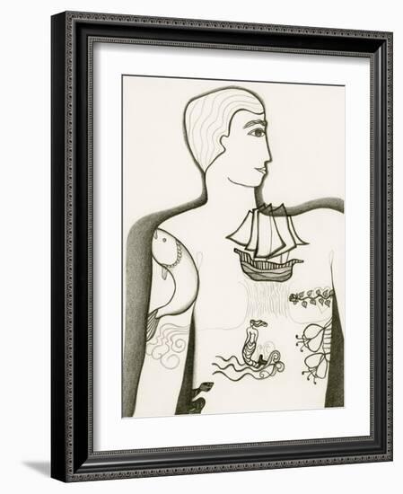 Black and White Drawing of Tattooed Man-Marie Bertrand-Framed Giclee Print