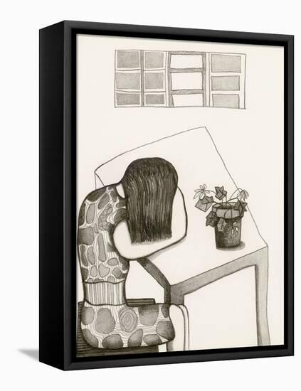 Black and White Drawing of Woman Sitting at Table, Head in Her Arms-Marie Bertrand-Framed Premier Image Canvas