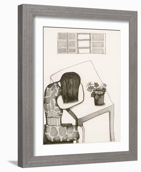 Black and White Drawing of Woman Sitting at Table, Head in Her Arms-Marie Bertrand-Framed Giclee Print