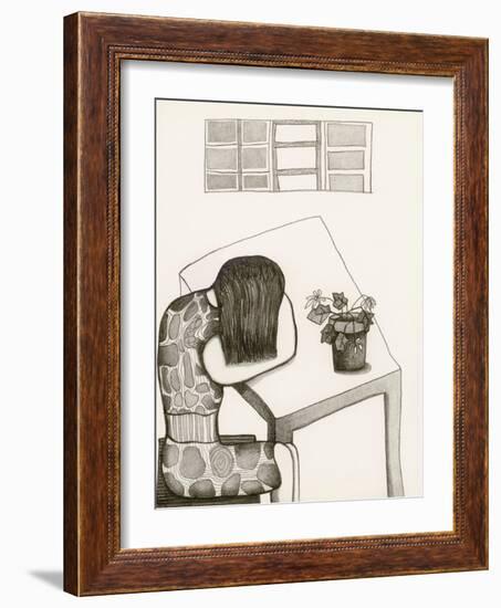 Black and White Drawing of Woman Sitting at Table, Head in Her Arms-Marie Bertrand-Framed Giclee Print