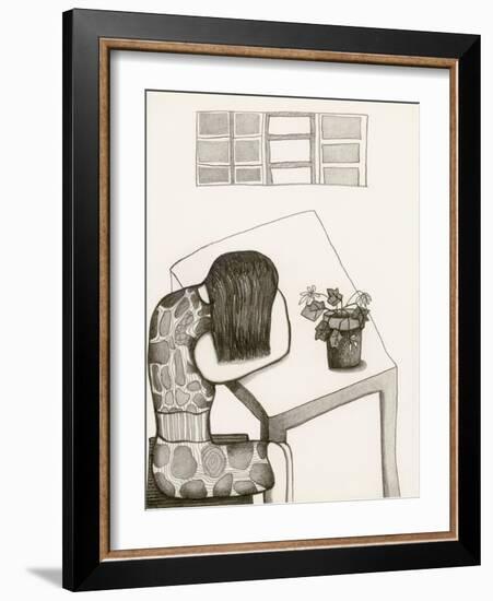 Black and White Drawing of Woman Sitting at Table, Head in Her Arms-Marie Bertrand-Framed Giclee Print