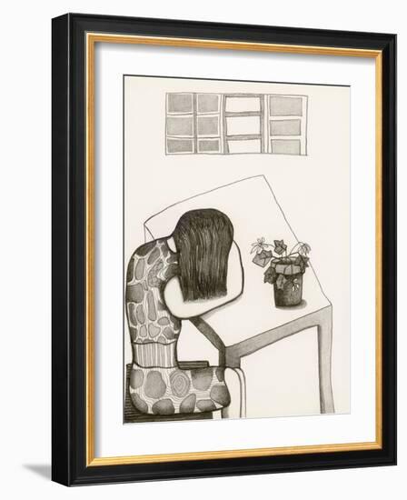 Black and White Drawing of Woman Sitting at Table, Head in Her Arms-Marie Bertrand-Framed Giclee Print