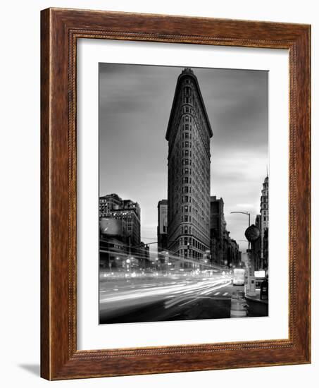 Black and white Flatiron Building in Manhattan New York and light trails at sunset purple clouds-David Chang-Framed Photographic Print