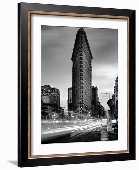 Black and white Flatiron Building in Manhattan New York and light trails at sunset purple clouds-David Chang-Framed Photographic Print