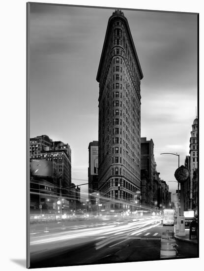 Black and white Flatiron Building in Manhattan New York and light trails at sunset purple clouds-David Chang-Mounted Photographic Print