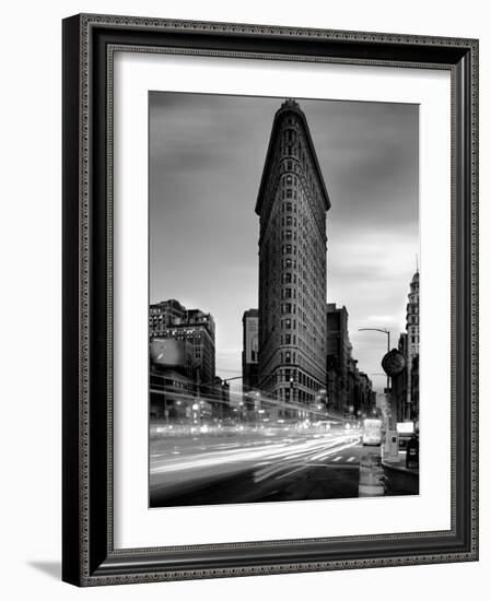 Black and white Flatiron Building in Manhattan New York and light trails at sunset purple clouds-David Chang-Framed Photographic Print