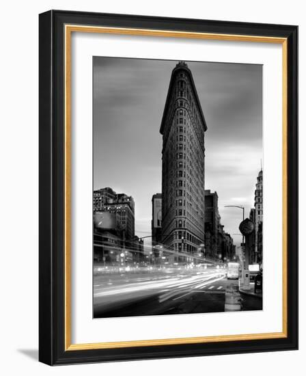 Black and white Flatiron Building in Manhattan New York and light trails at sunset purple clouds-David Chang-Framed Photographic Print