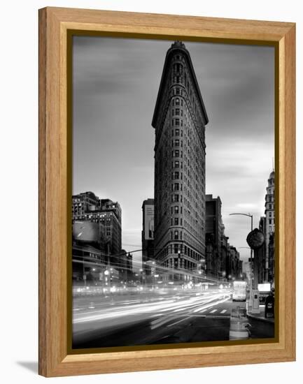 Black and white Flatiron Building in Manhattan New York and light trails at sunset purple clouds-David Chang-Framed Premier Image Canvas