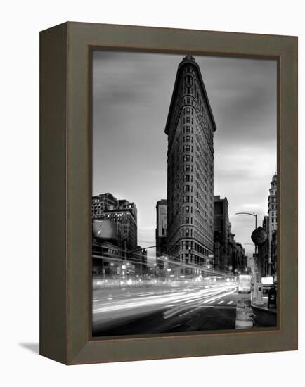 Black and white Flatiron Building in Manhattan New York and light trails at sunset purple clouds-David Chang-Framed Premier Image Canvas