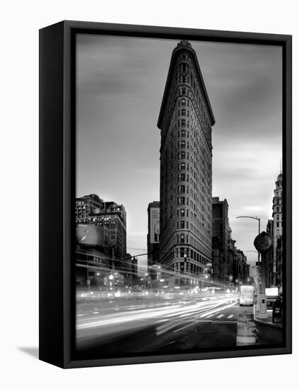 Black and white Flatiron Building in Manhattan New York and light trails at sunset purple clouds-David Chang-Framed Premier Image Canvas