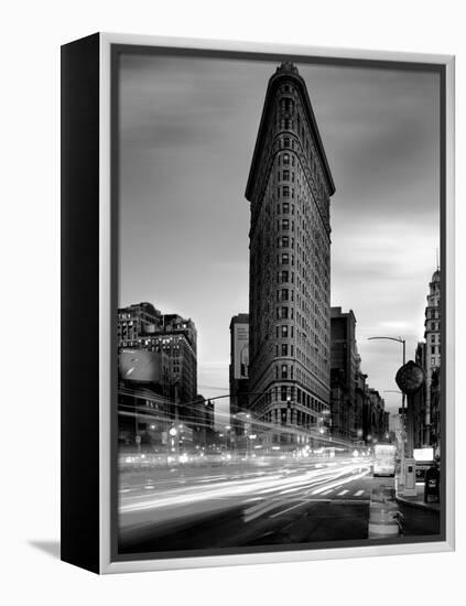 Black and white Flatiron Building in Manhattan New York and light trails at sunset purple clouds-David Chang-Framed Premier Image Canvas