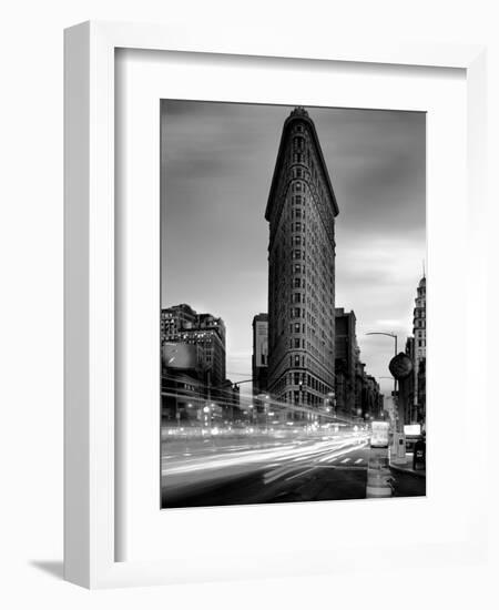 Black and white Flatiron Building in Manhattan New York and light trails at sunset purple clouds-David Chang-Framed Photographic Print