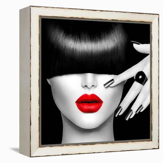 Black and White High Fashion Model Girl Portrait with Trendy Hair Style, Make Up and Manicure-Subbotina Anna-Framed Premier Image Canvas