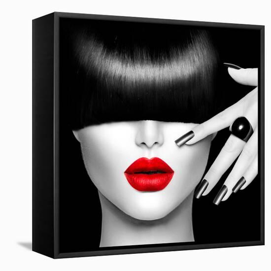 Black and White High Fashion Model Girl Portrait with Trendy Hair Style, Make Up and Manicure-Subbotina Anna-Framed Premier Image Canvas