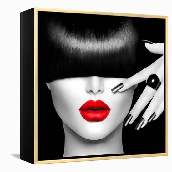 Black and White High Fashion Model Girl Portrait with Trendy Hair Style, Make Up and Manicure-Subbotina Anna-Framed Premier Image Canvas