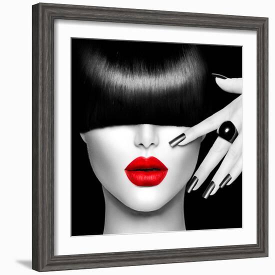 Black and White High Fashion Model Girl Portrait with Trendy Hair Style, Make Up and Manicure-Subbotina Anna-Framed Photographic Print