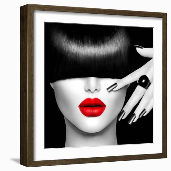 Black and White High Fashion Model Girl Portrait with Trendy Hair Style, Make Up and Manicure-Subbotina Anna-Framed Photographic Print