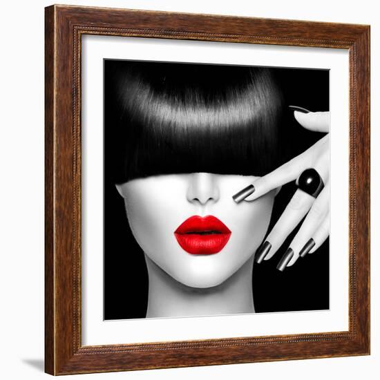 Black and White High Fashion Model Girl Portrait with Trendy Hair Style, Make Up and Manicure-Subbotina Anna-Framed Photographic Print