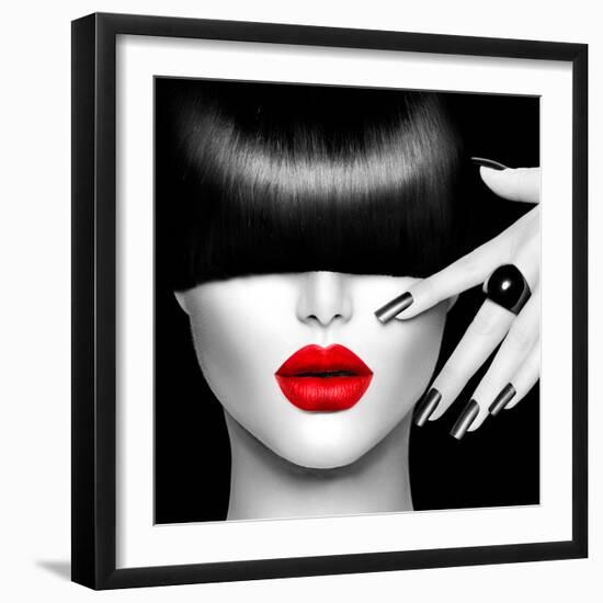 Black and White High Fashion Model Girl Portrait with Trendy Hair Style, Make Up and Manicure-Subbotina Anna-Framed Photographic Print
