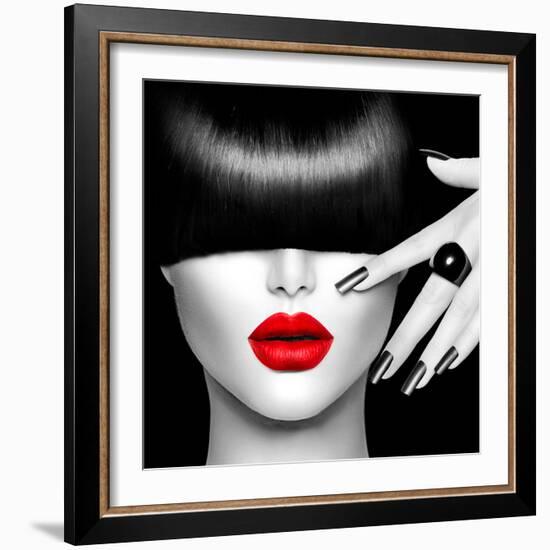 Black and White High Fashion Model Girl Portrait with Trendy Hair Style, Make Up and Manicure-Subbotina Anna-Framed Photographic Print