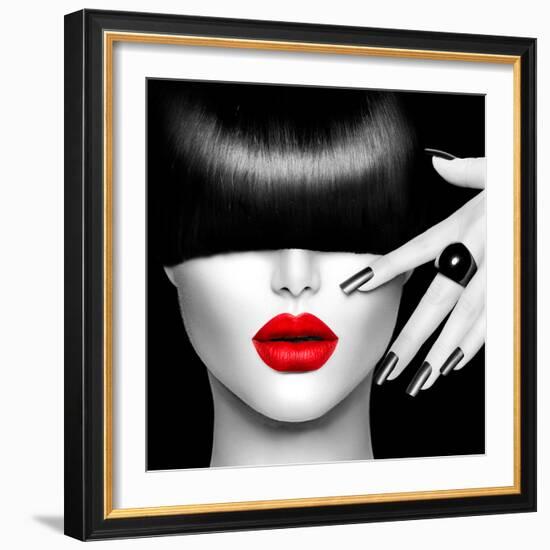 Black and White High Fashion Model Girl Portrait with Trendy Hair Style, Make Up and Manicure-Subbotina Anna-Framed Photographic Print