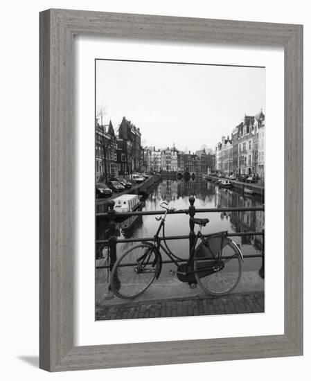 Black and White Image of an Old Bicycle by the Singel Canal, Amsterdam, Netherlands, Europe-Amanda Hall-Framed Photographic Print