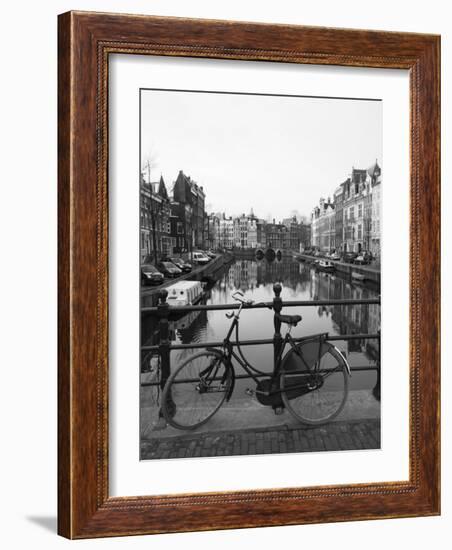 Black and White Image of an Old Bicycle by the Singel Canal, Amsterdam, Netherlands, Europe-Amanda Hall-Framed Photographic Print